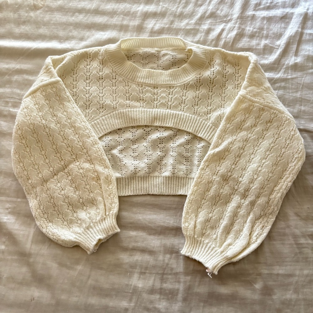 YesStyle Cream Cropped Crewneck Open-Knit Sweater